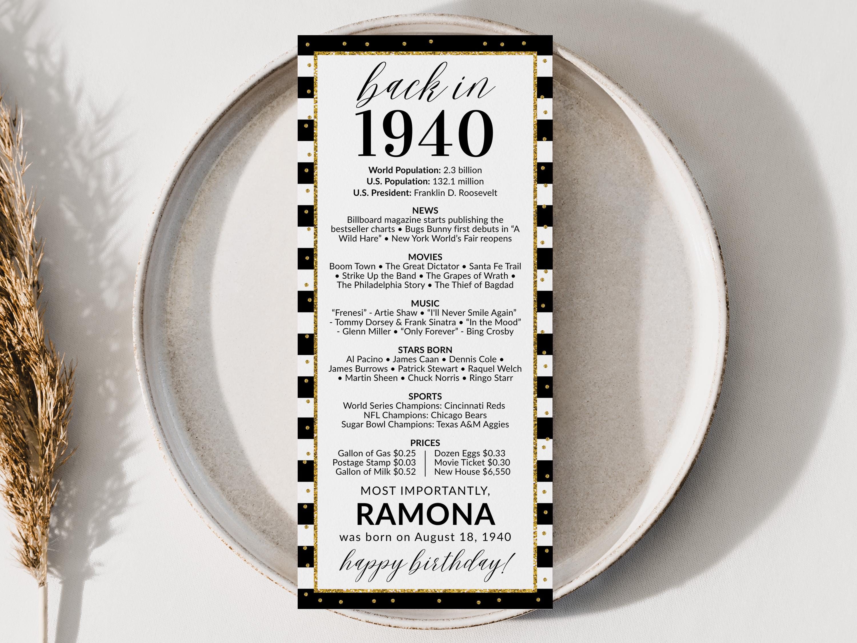 85th Birthday Place Cards, Editable Back In 1940 Party Decorations, 85th Milestone Birthday Trivia Table Cards Printable, Edit With Canva