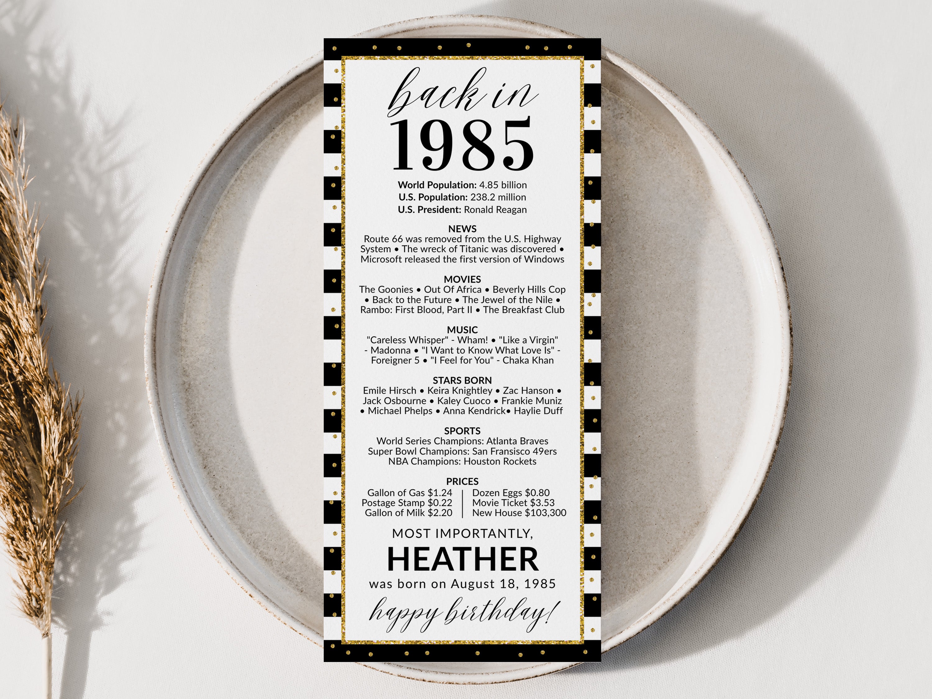 40th Birthday Place Cards, Editable Back In 1985 Party Decorations, 40th Milestone Birthday Trivia Table Cards Printable, Edit With Canva
