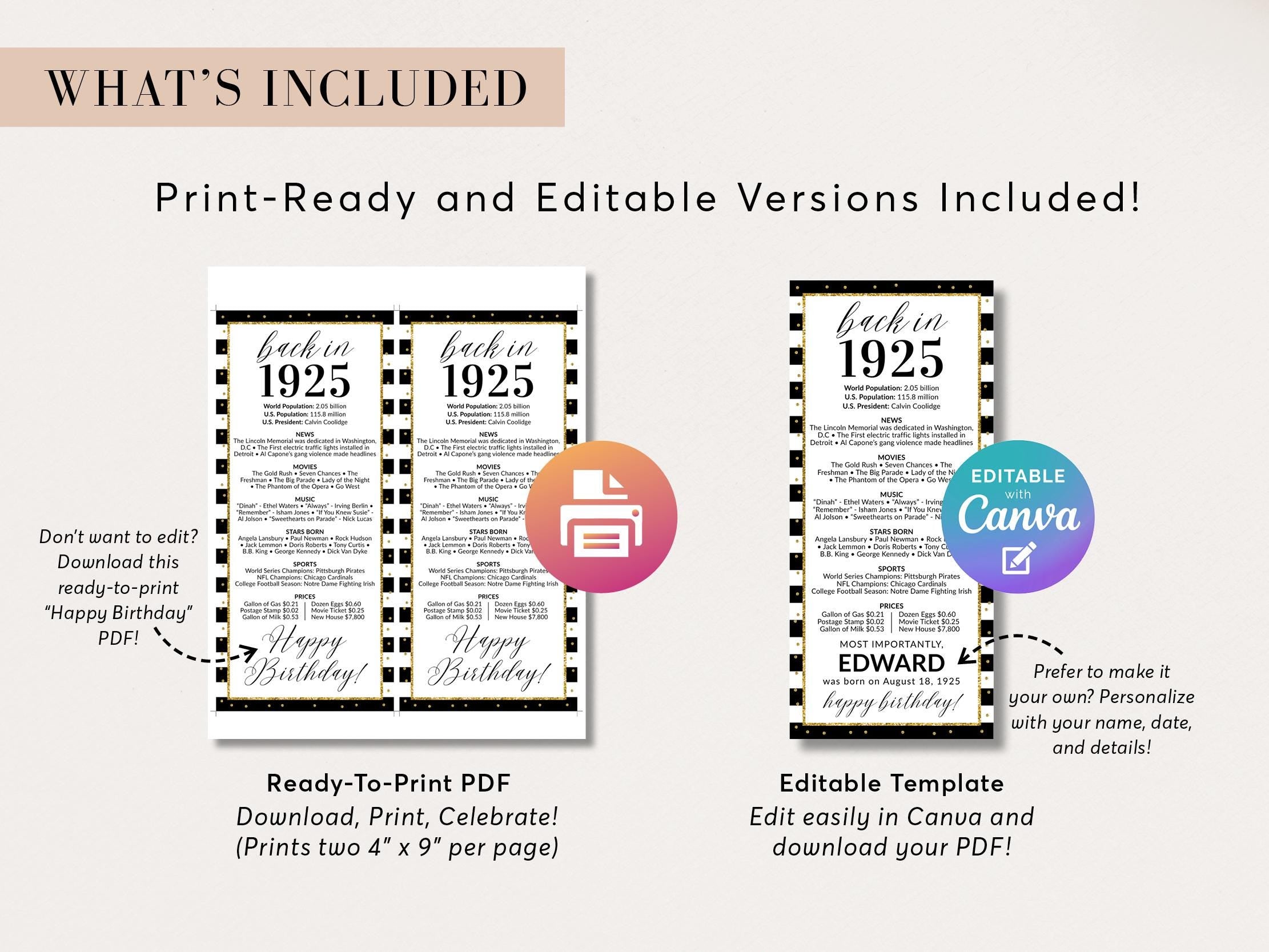 100th Birthday Place Cards, Editable Back In 1925 Party Decorations, 100th Milestone Birthday Trivia Table Cards Printable, Edit With Canva