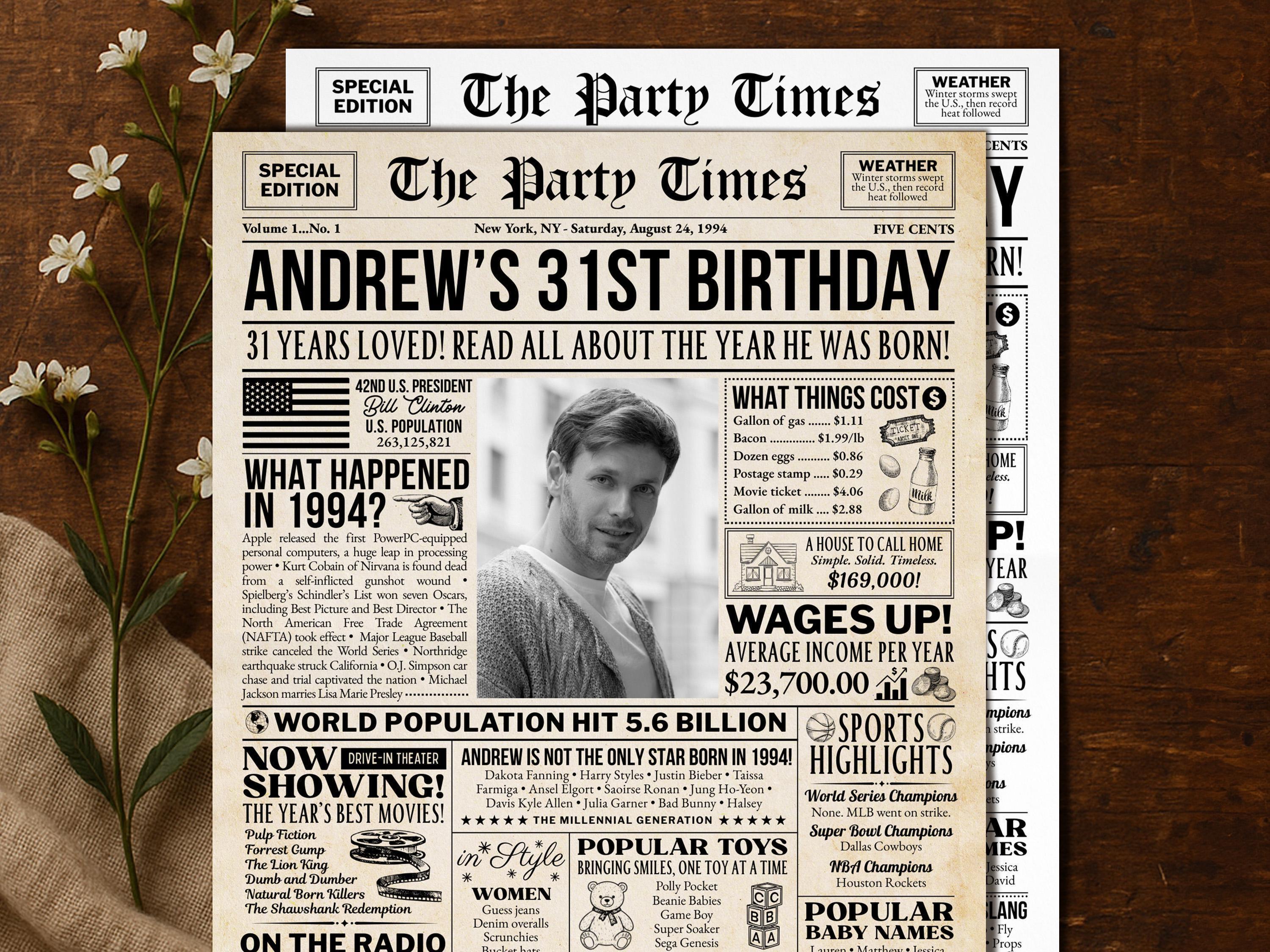 31st Birthday Newspaper Poster Sign, Back In 1994 Retro Party Decorations, Editable Custom Year You Were Born Printable, Edit With Canva