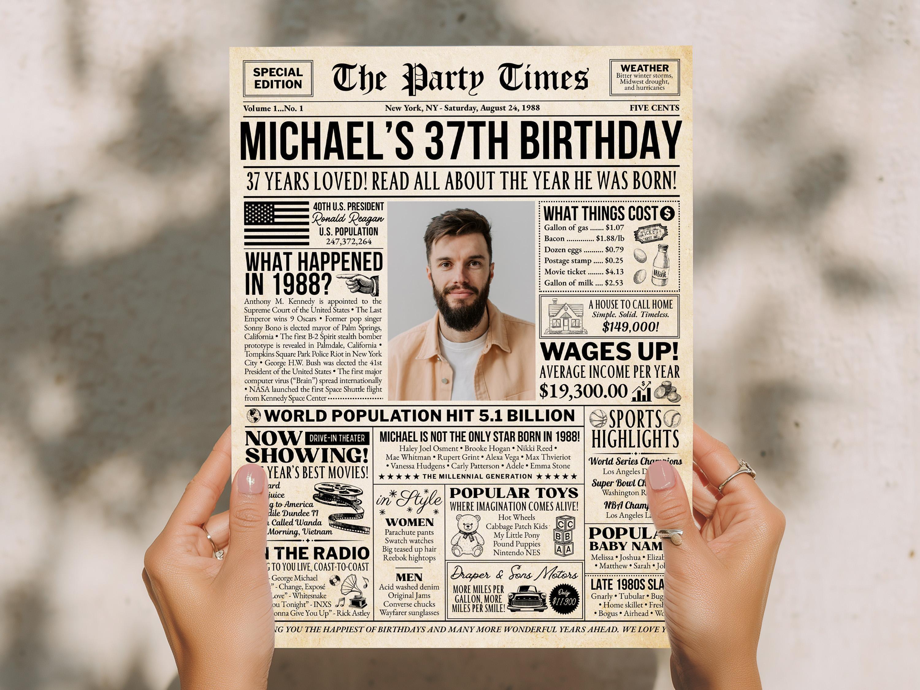 37th Birthday Newspaper Poster, Born In 1988 Birthday Milestone Trivia Sign, Editable Vintage Party Decorations Printable, Edit With Canva