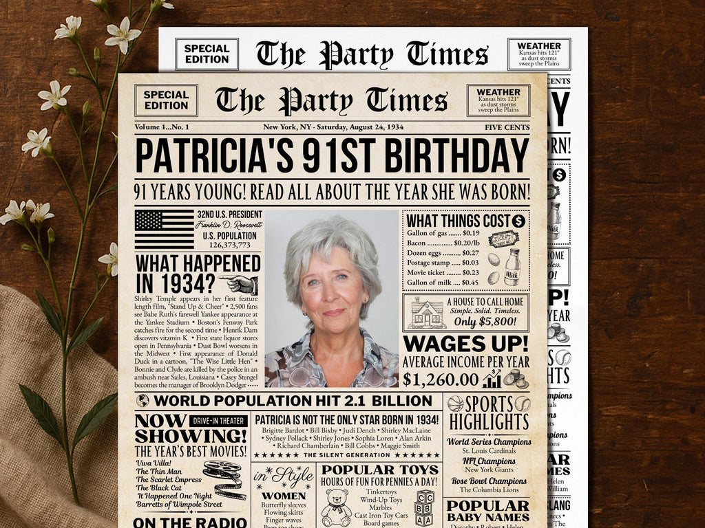 91st Birthday Newspaper Poster Sign
