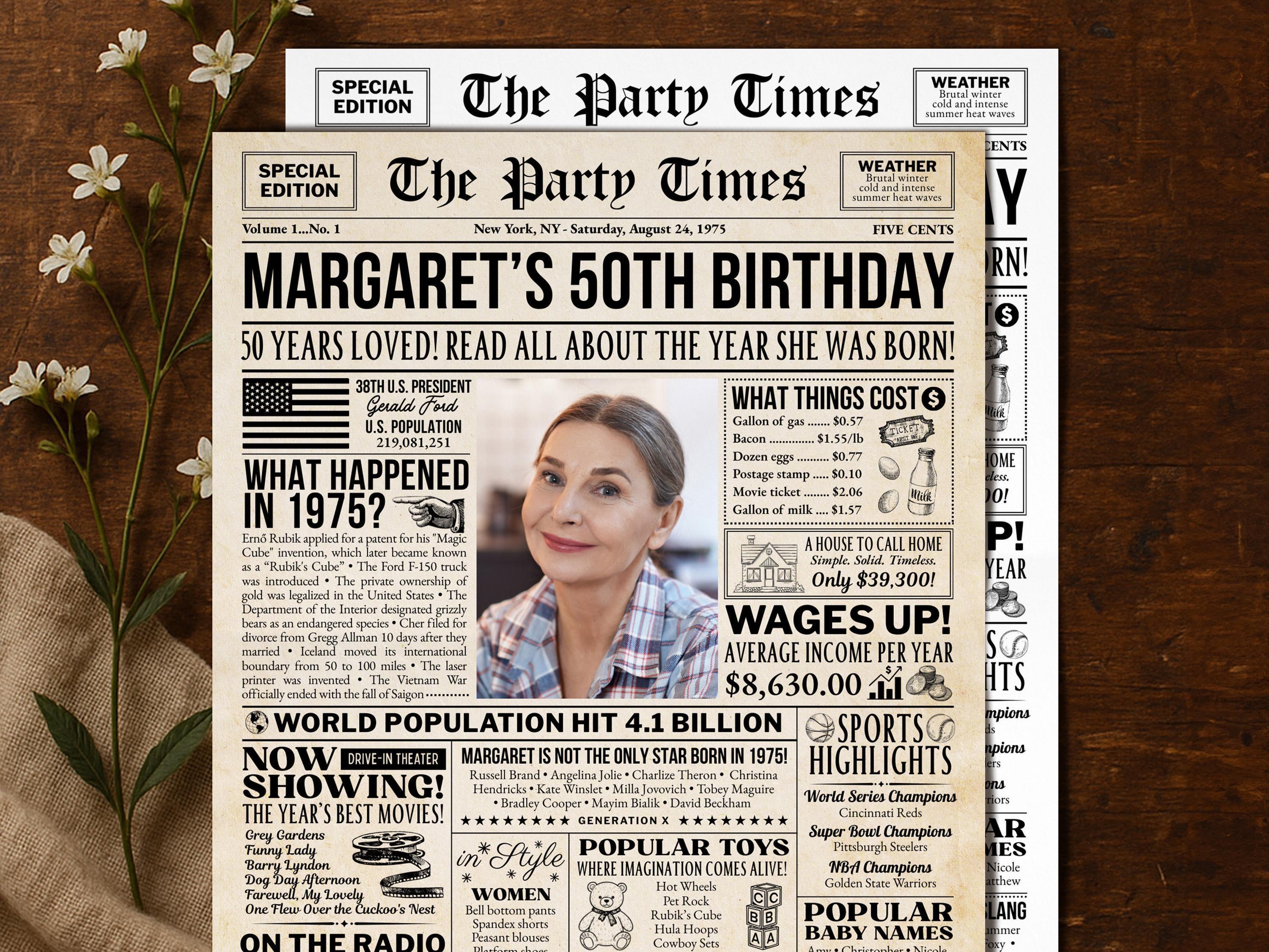 50th Birthday Newspaper Poster Sign, Born in 1975 Party Decorations, Personalized 50 Years Ago Gift For Men Or Women, Edit With Canva