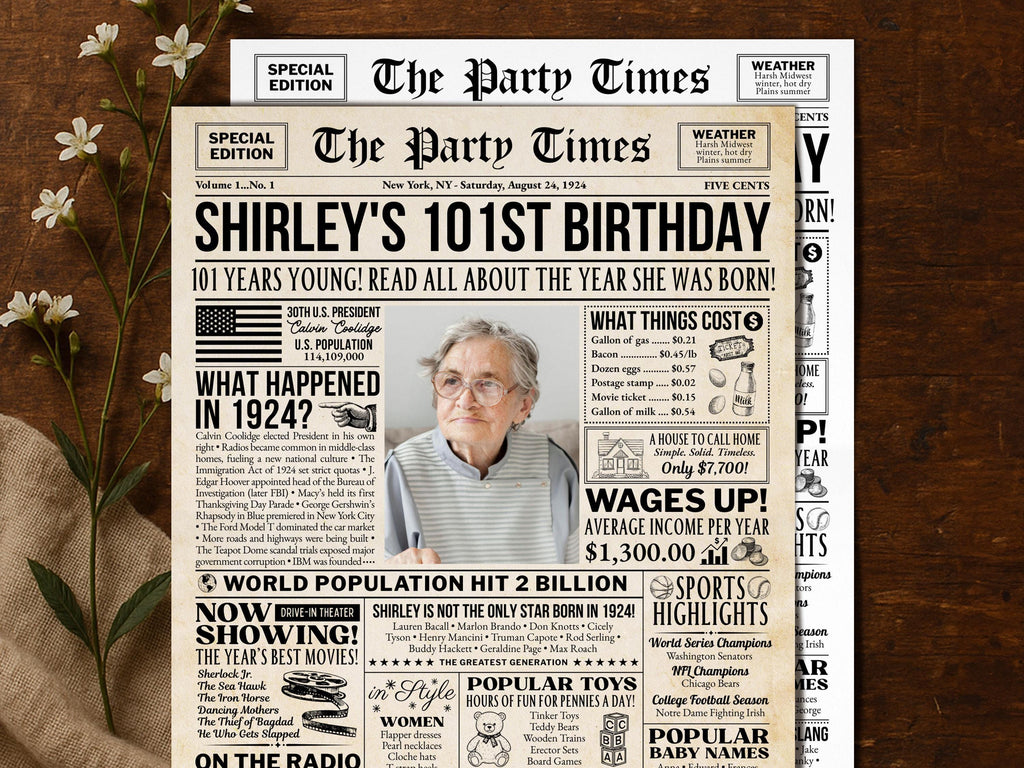 101st Birthday Gift, Back in 1924 Newspaper Poster