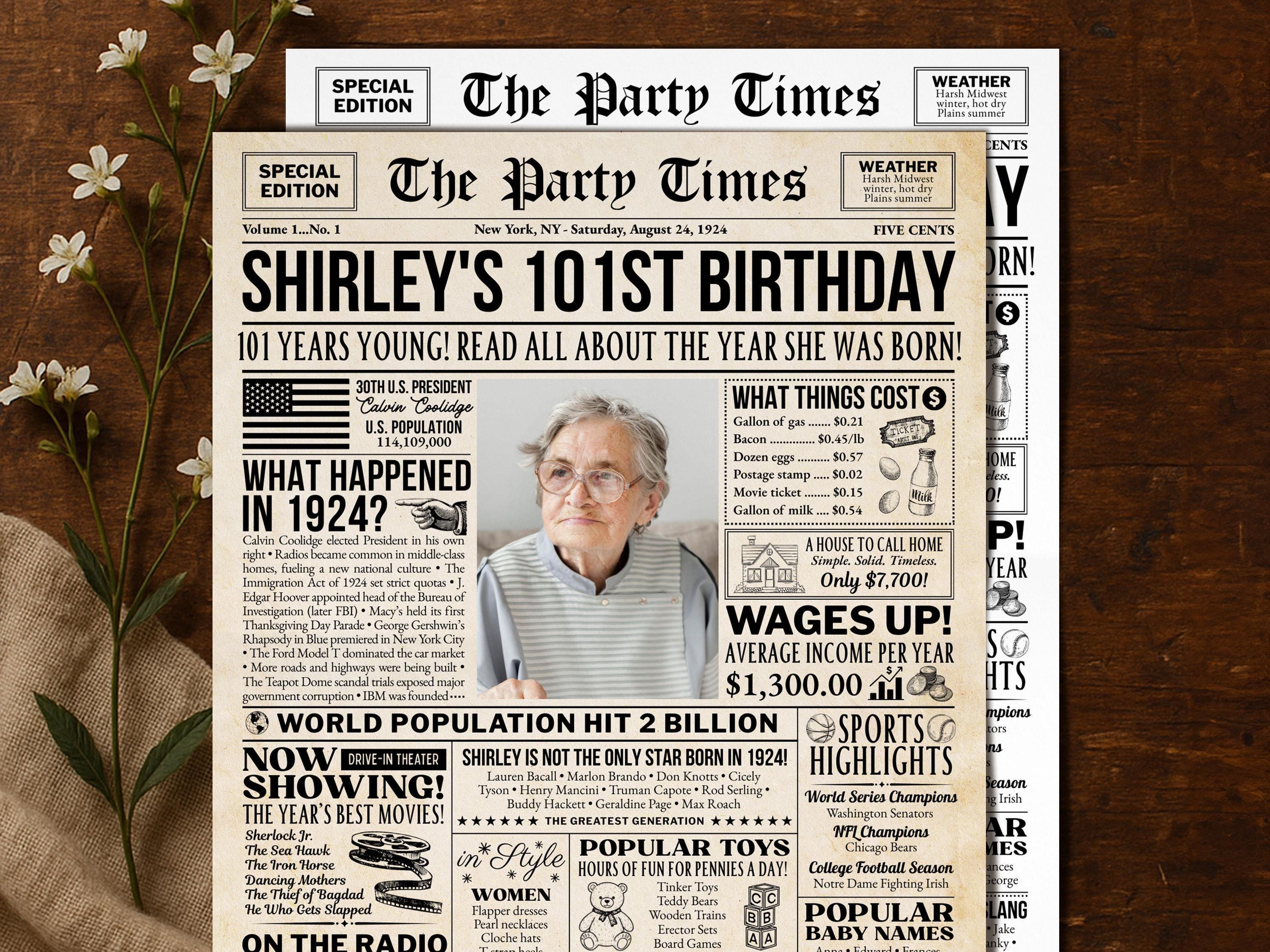 101st Birthday Gift, Back in 1924 Newspaper Poster