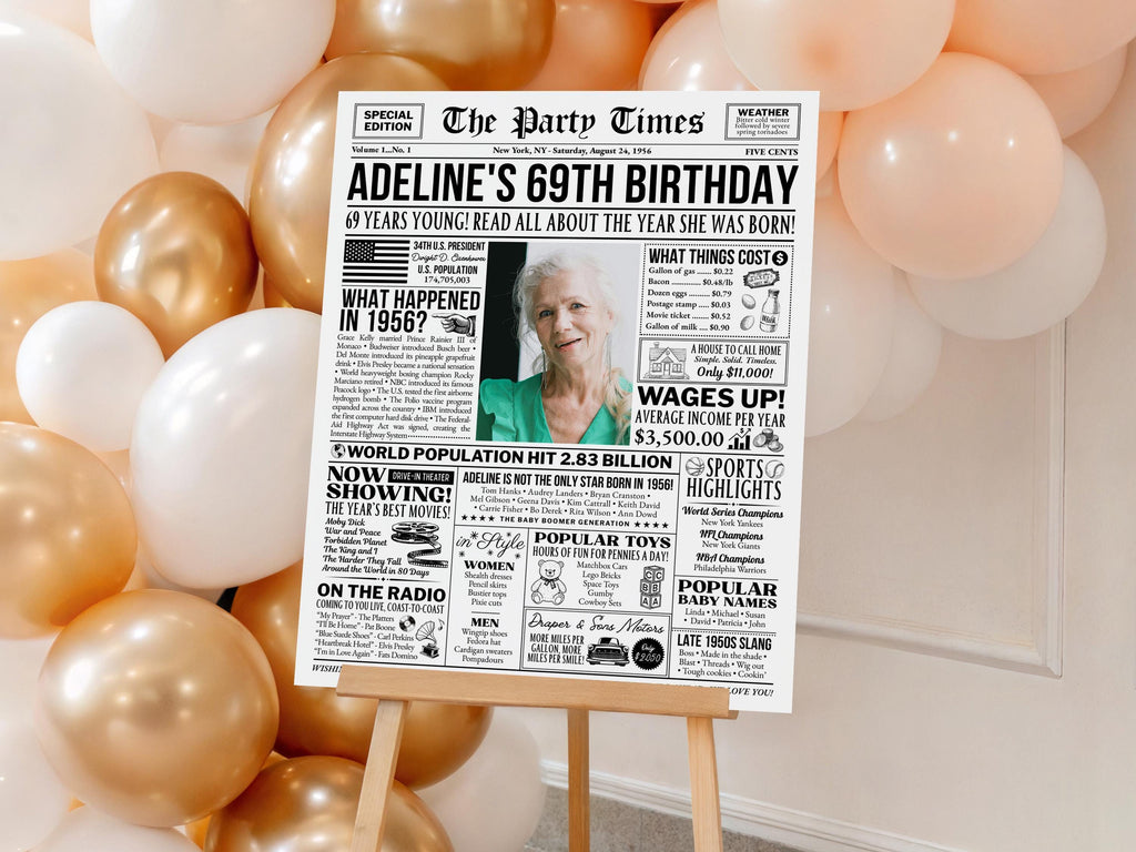 69th Birthday Newspaper Poster Sign, Back in 1956 USA Fun Facts Party Sign, Editable 50s Throwback Party Decoration, Edit With Canva