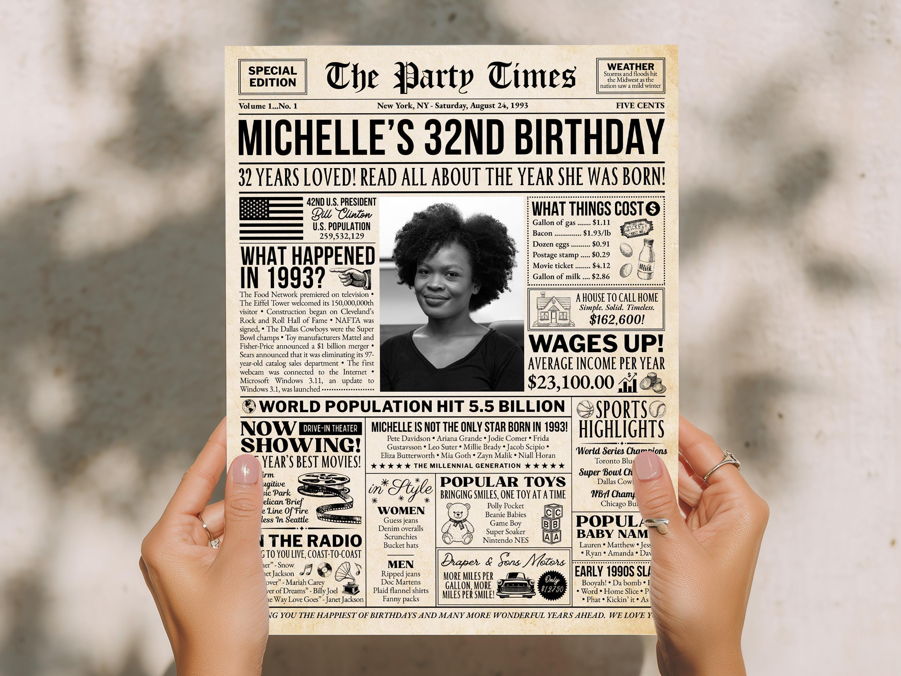 32nd Birthday Newspaper Sign, Back In 1993 Vintage Poster, Personalized Birthday Decor, 1993 Facts Print, Edit With Canva