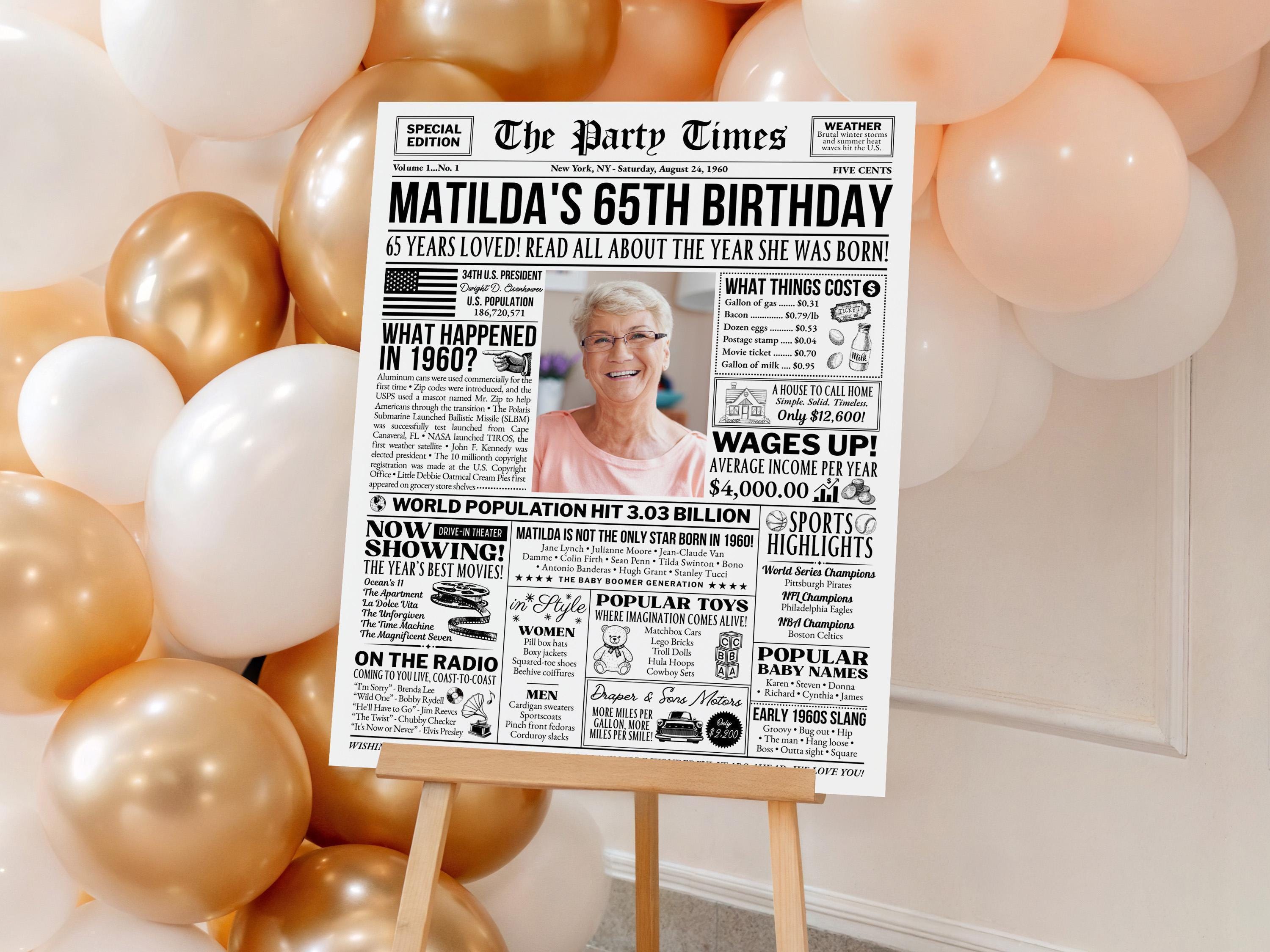 65th Birthday Gift, Born In 1960 Newspaper Poster, Editable Vintage Retro Birthday Sign, Personalized Gift For Mom Or Dad, Edit With Canva