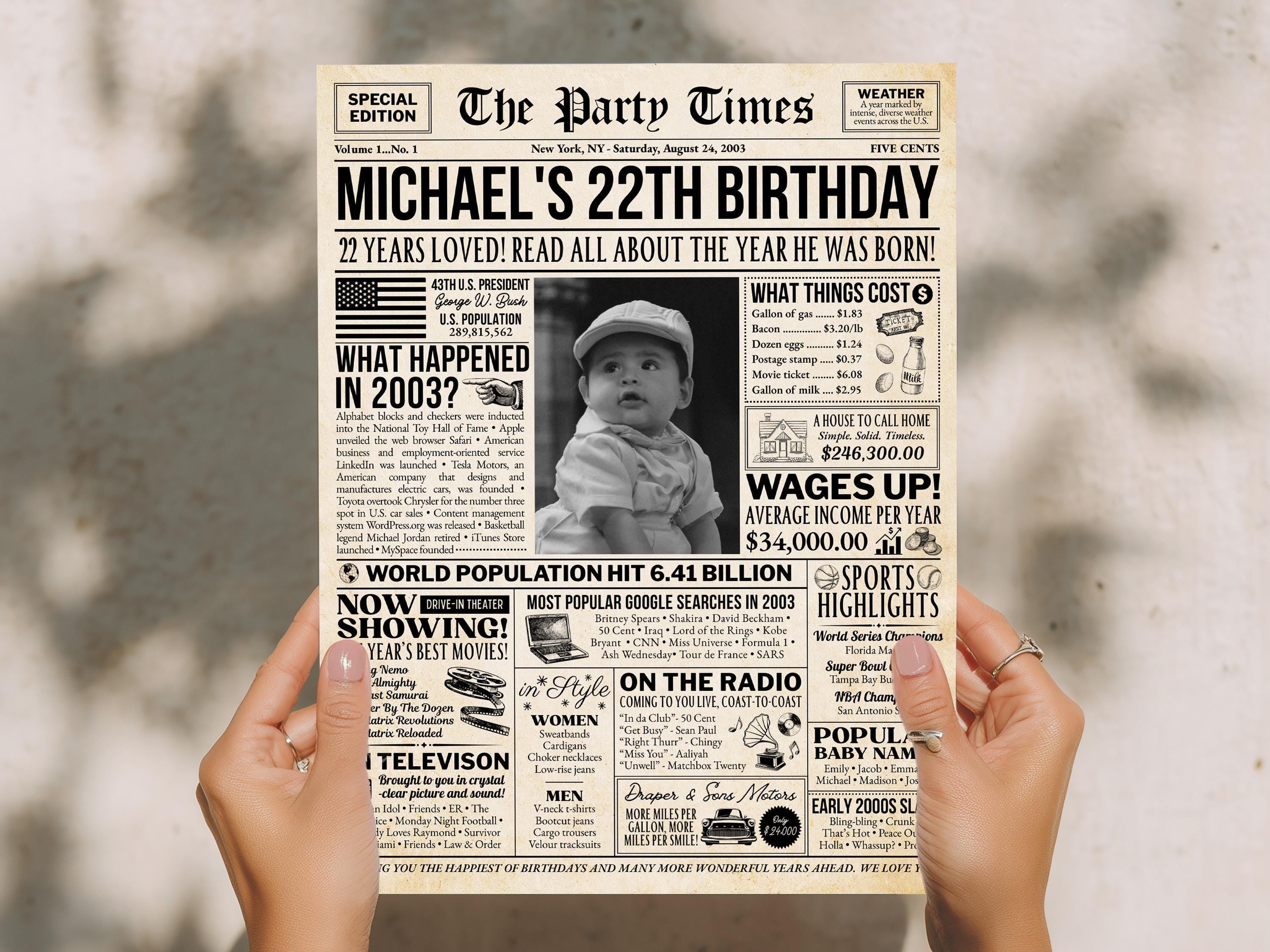 22nd Birthday Newspaper Poster Sign, Back in 2003, Editable USA Fun Facts Party Sign, Custom Year You Were Born Printable, Edit With Canva