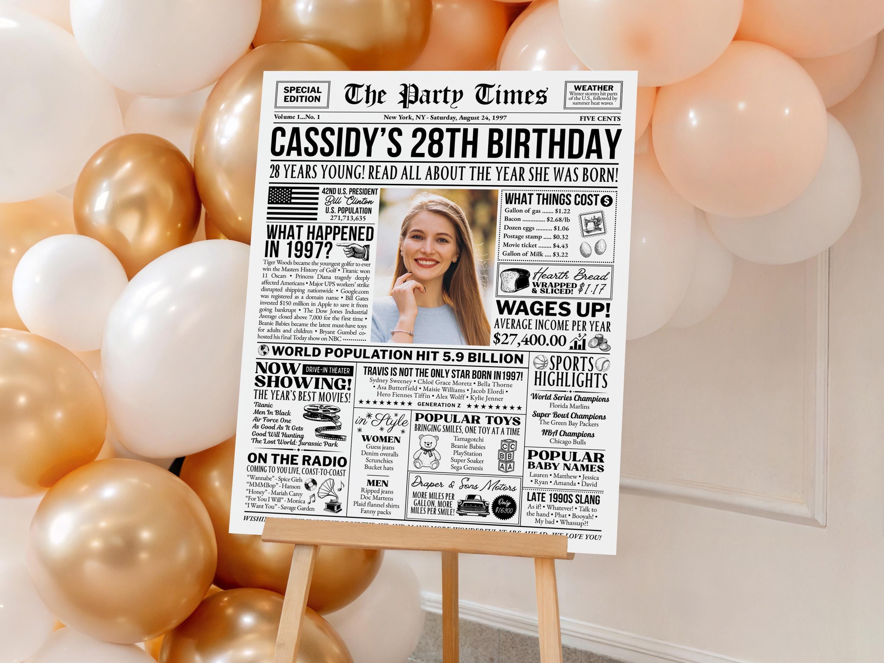 28th Birthday Newspaper Poster Sign, Back in 1997 USA Facts, Editable 90s Throwback Party 28 Years Ago Party Decoration, Edit With Canva