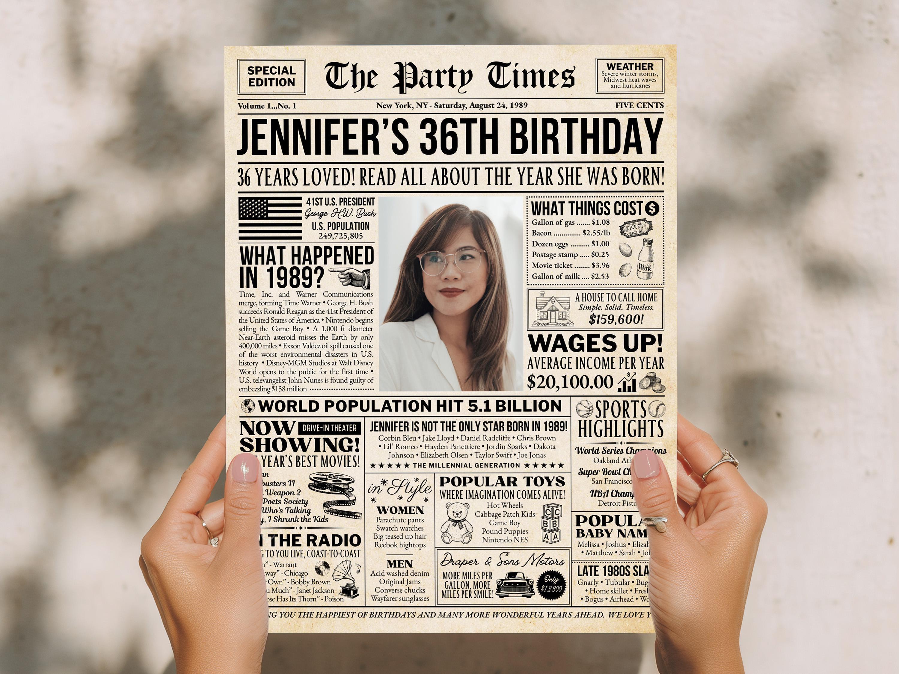 36th Birthday Gift, Born In 1989 Newspaper Poster, Editable Vintage Retro Birthday Welcome Sign, Year You Were Born Trivia, Edit With Canva