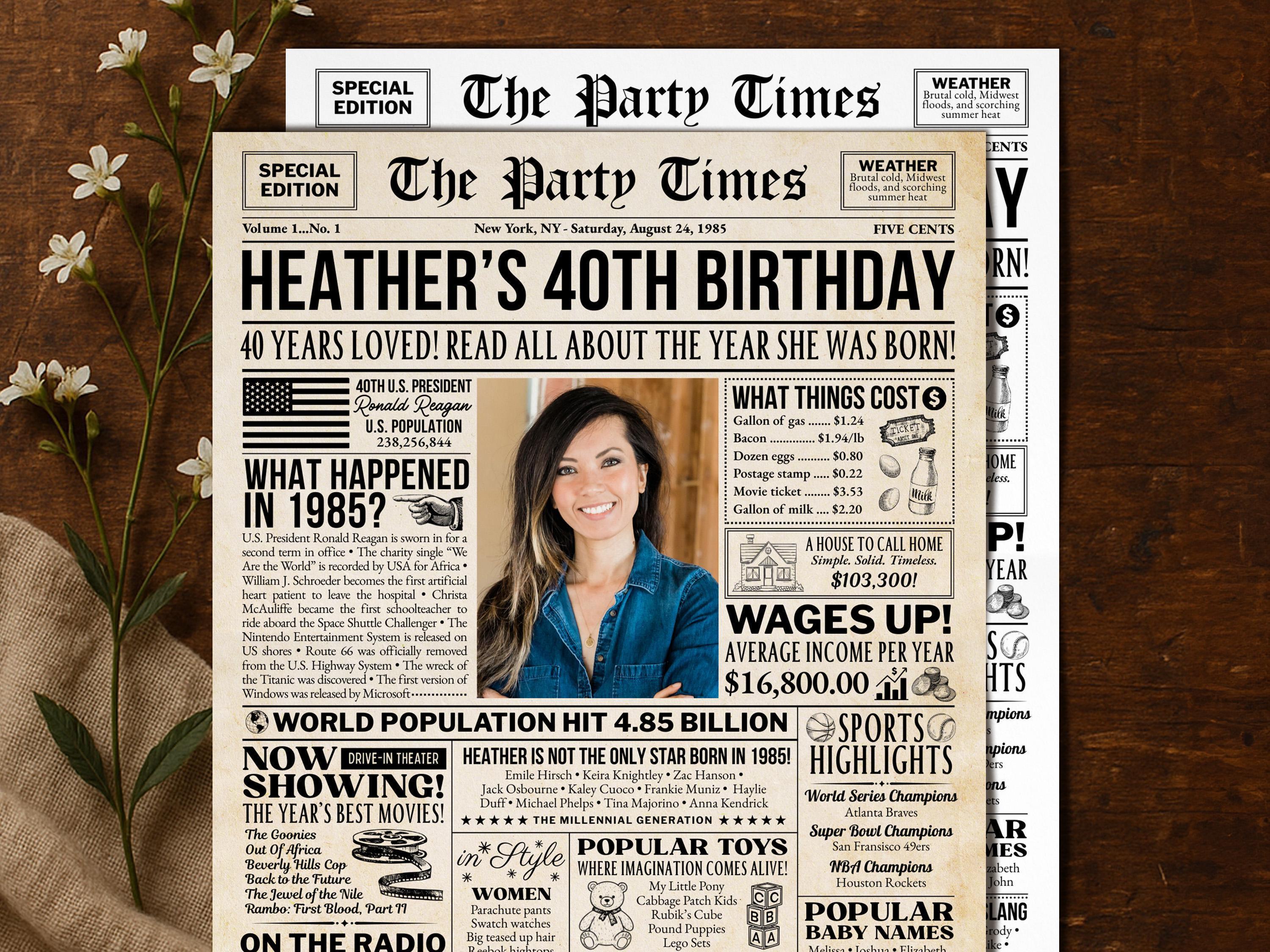 40th Birthday Newspaper Poster Sign, Back in 1985 USA Fun Facts Party Sign, Editable Vintage Style Birthday Decoration, Edit With Canva