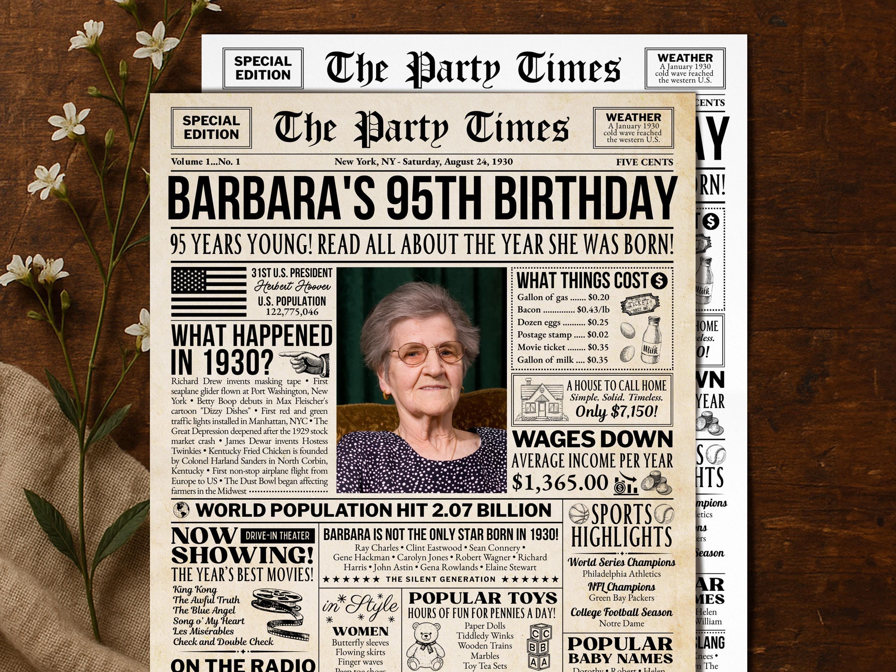 95th Birthday Gift, Back in 1930 Newspaper Poster, Personalized Gift For Grandma, Editable Vintage 95th Birthday Sign, Edit With Canva