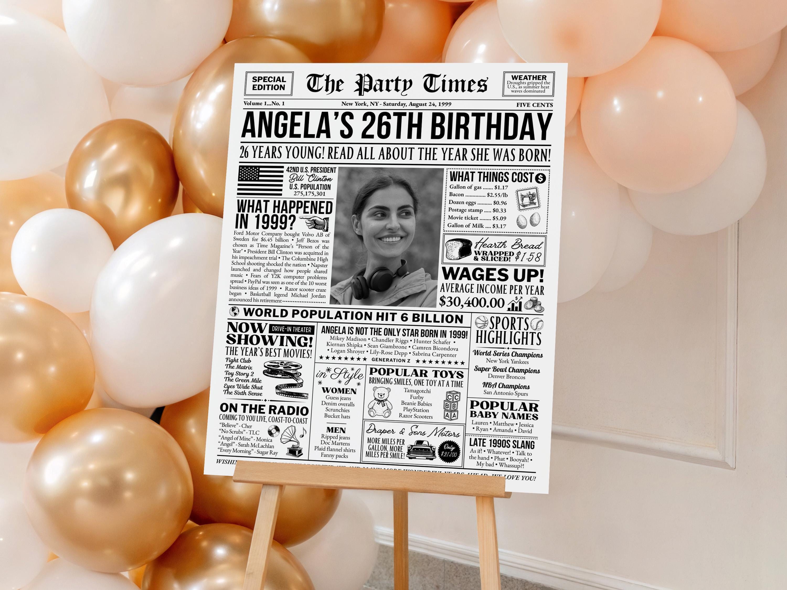 26th Birthday Newspaper Poster Sign, Back in 1999 USA Fun Facts Party Sign, Editable Vintage Style Birthday Decoration, Edit With Canva