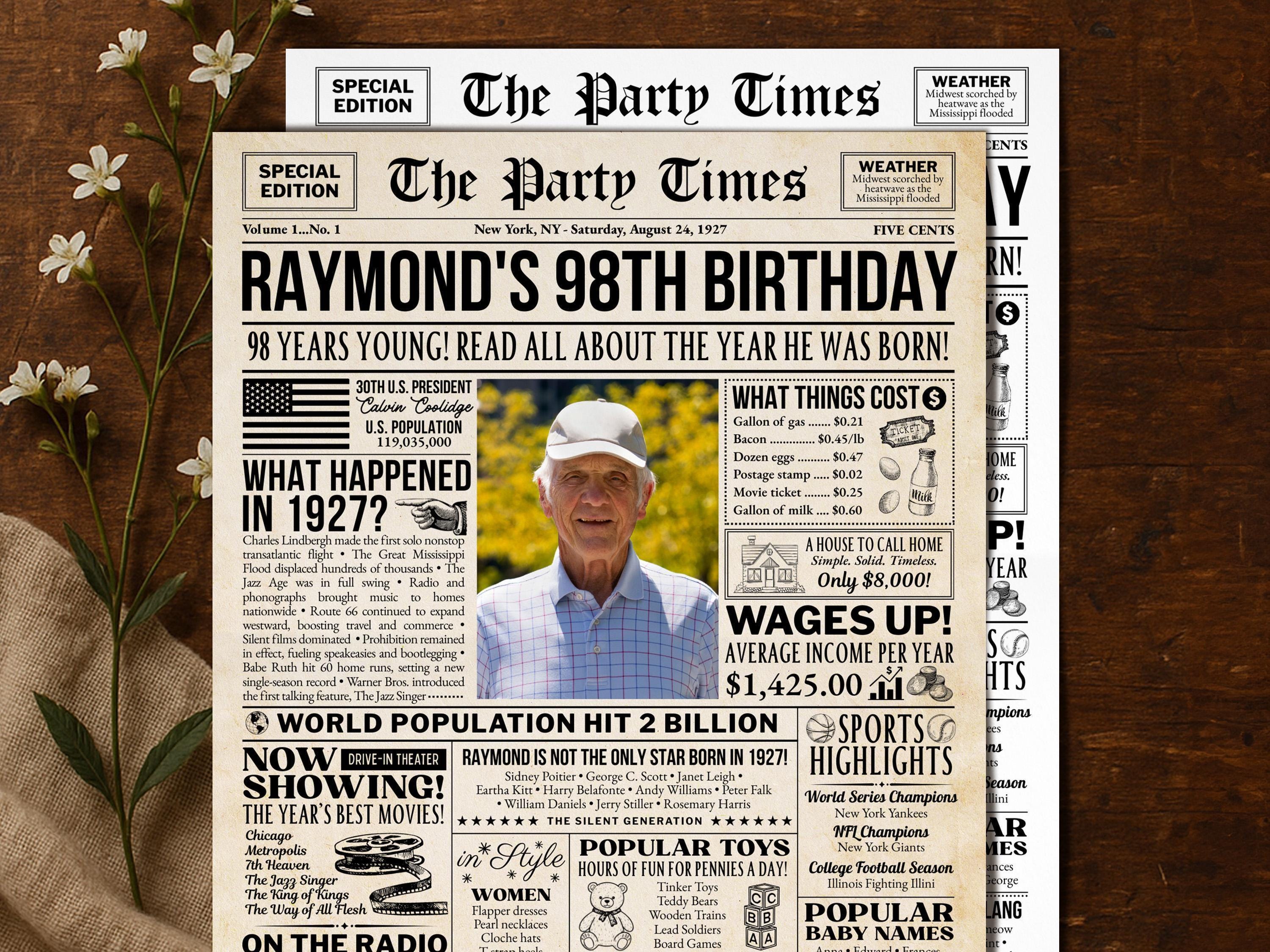98th Birthday Gift, Back in 1927 Newspaper Poster