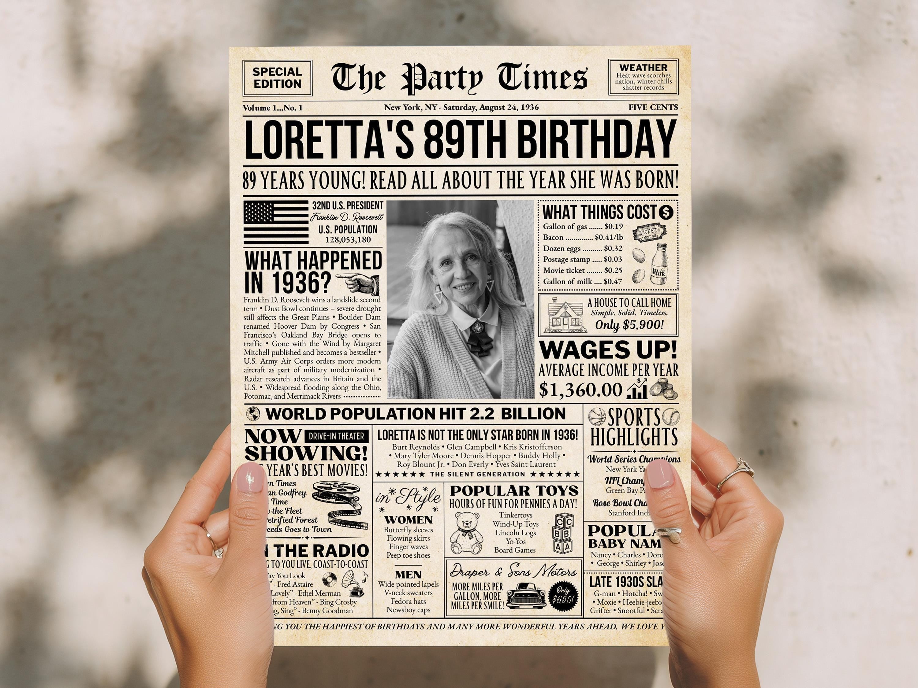 89th Birthday Gift, Born In 1936 Newspaper Poster, Editable Vintage Retro Birthday Sign, Personalized Gift For Grandparent, Edit With Canva