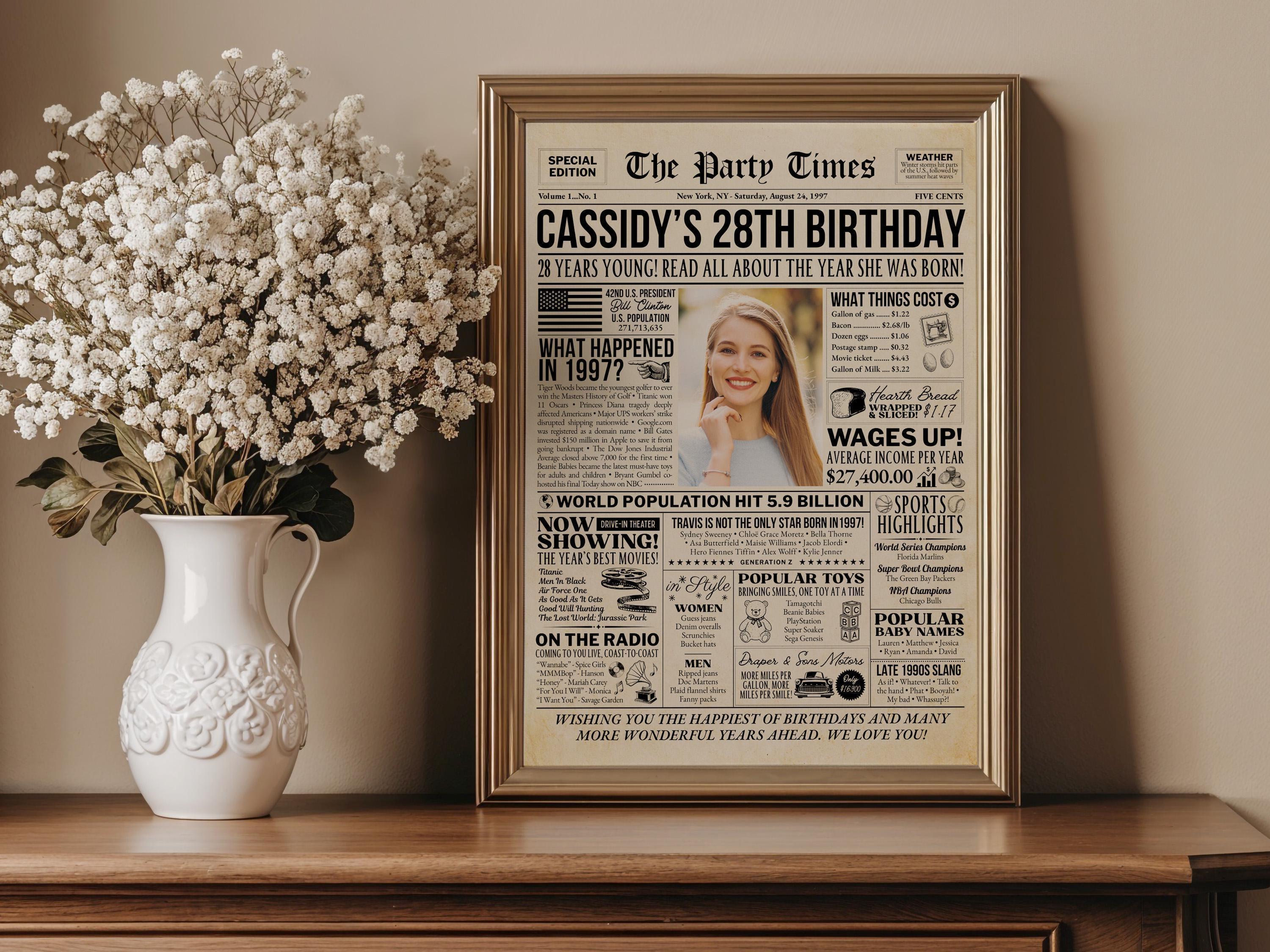 28th Birthday Newspaper Poster Sign, Back in 1997 USA Facts, Editable 90s Throwback Party 28 Years Ago Party Decoration, Edit With Canva