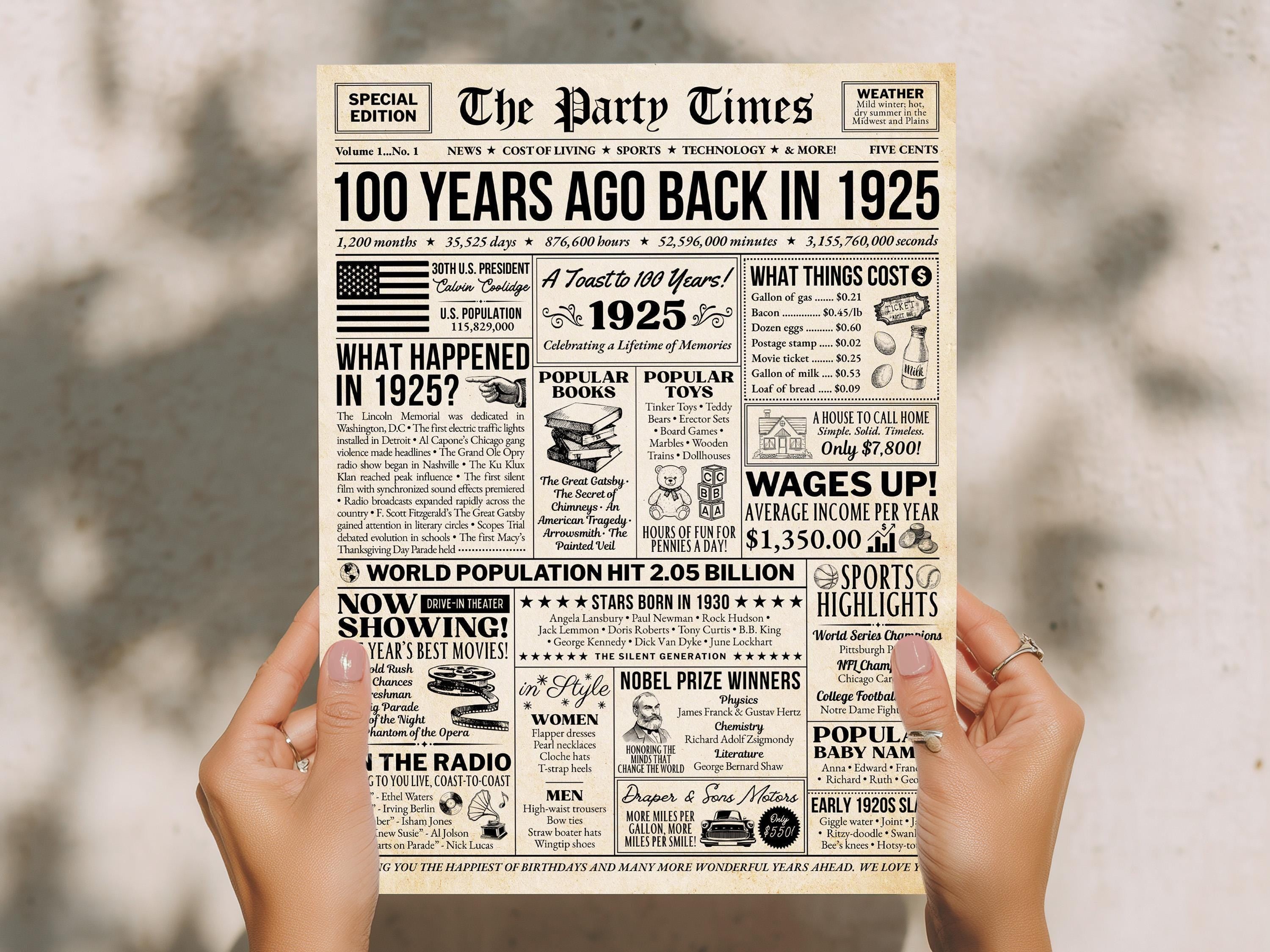 100th Birthday Newspaper Sign, 100 Years Ago Back in 1925 Poster, Editable Centennial Celebration Gift, 1920s Theme Party, Edit With Canva