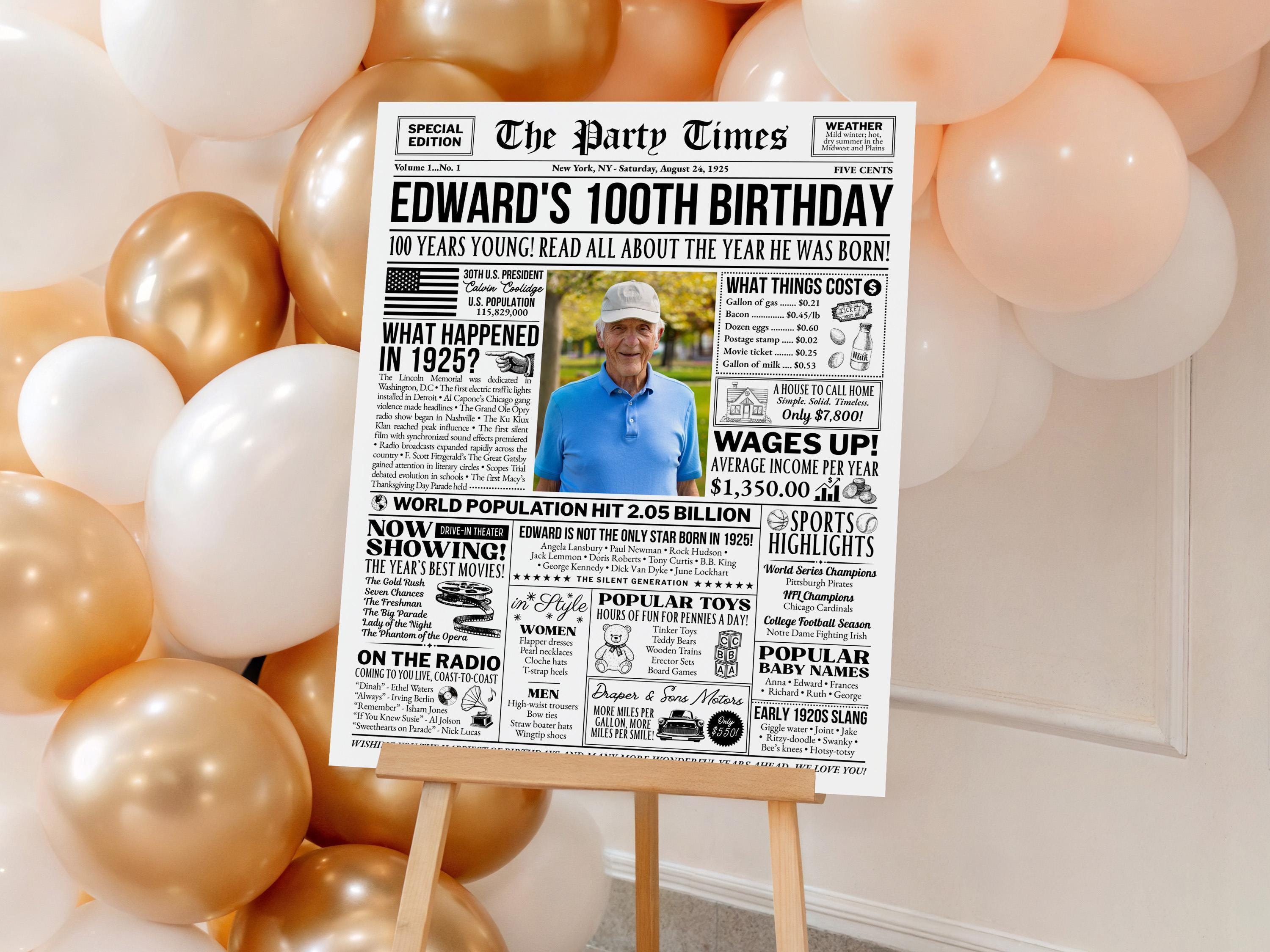 100th Birthday Newspaper Sign, Back in 1925 100 Years Ago Poster, Editable 20s Throwback Party Decorations Print, Edit With Canva