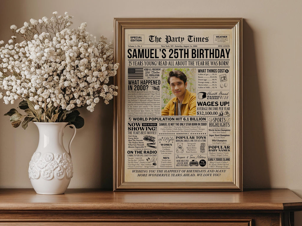 25th Birthday Gift, Born in 2000 Newspaper Poster, 25 Years Ago Party Decoration Keepsake Print, Retro Table Decor, Edit With Canva