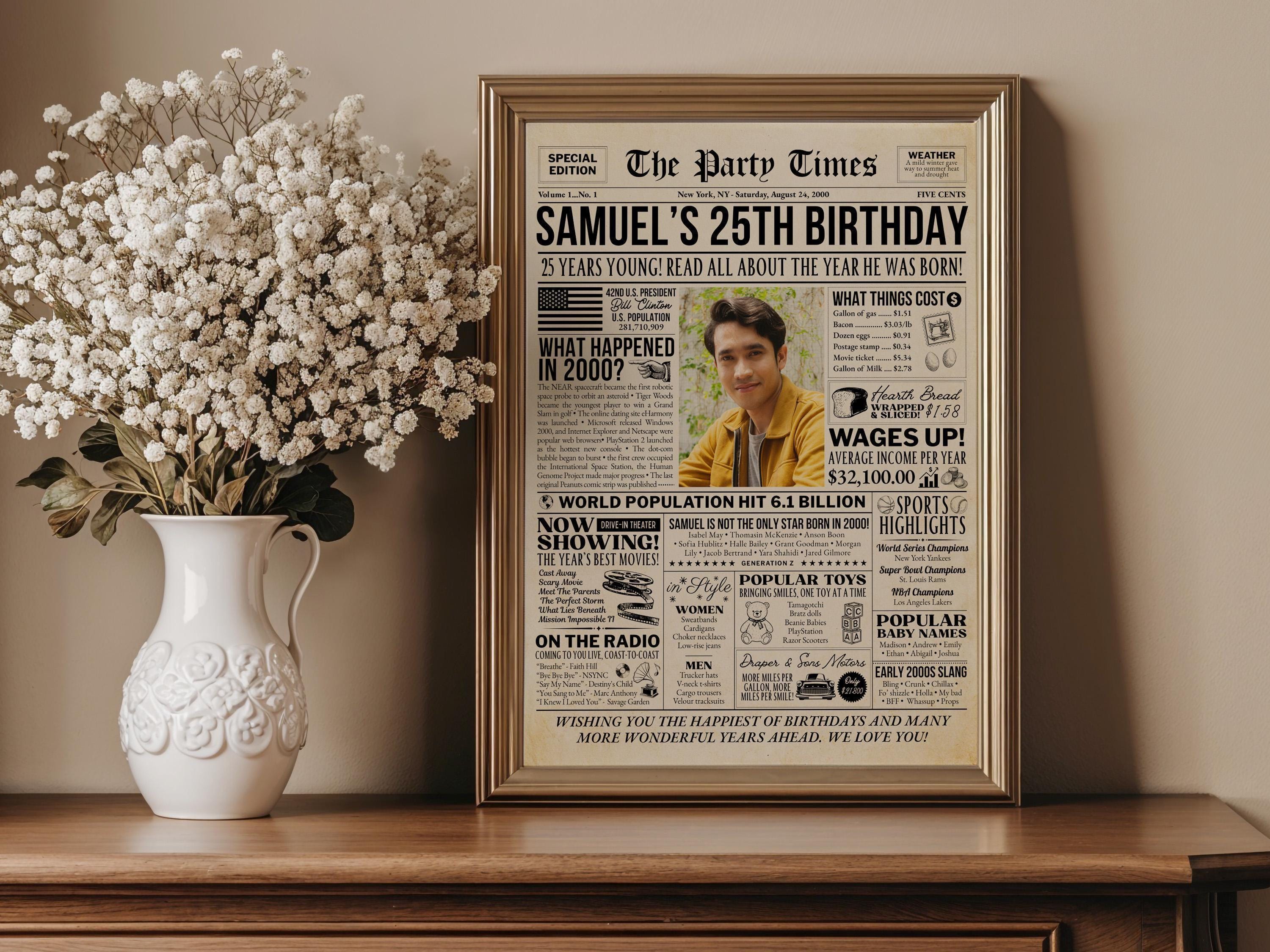 25th Birthday Gift, Born in 2000 Newspaper Poster, 25 Years Ago Party Decoration Keepsake Print, Retro Table Decor, Edit With Canva