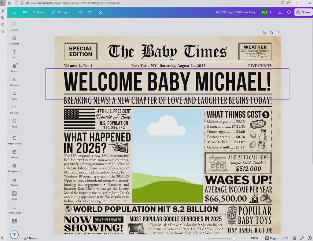 Baby Announcement Newspaper Poster, Pregnancy Reveal Time Capsule, Editable Baby Shower Welcome Sign Printable, Edit With Canva